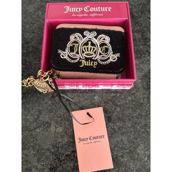 Juicy Couture Black Pink Velvet Crown Embroidered Coin Purse Gold Chain Charm - Picture 2 of 13